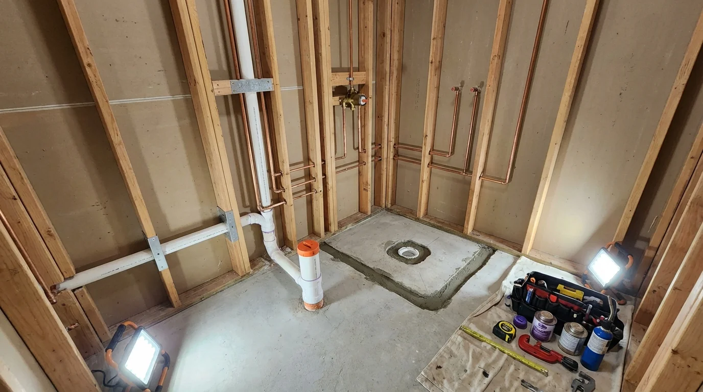 Bathroom rough-in plumbing during remodel by Johns Plumbing LLC in Chanute