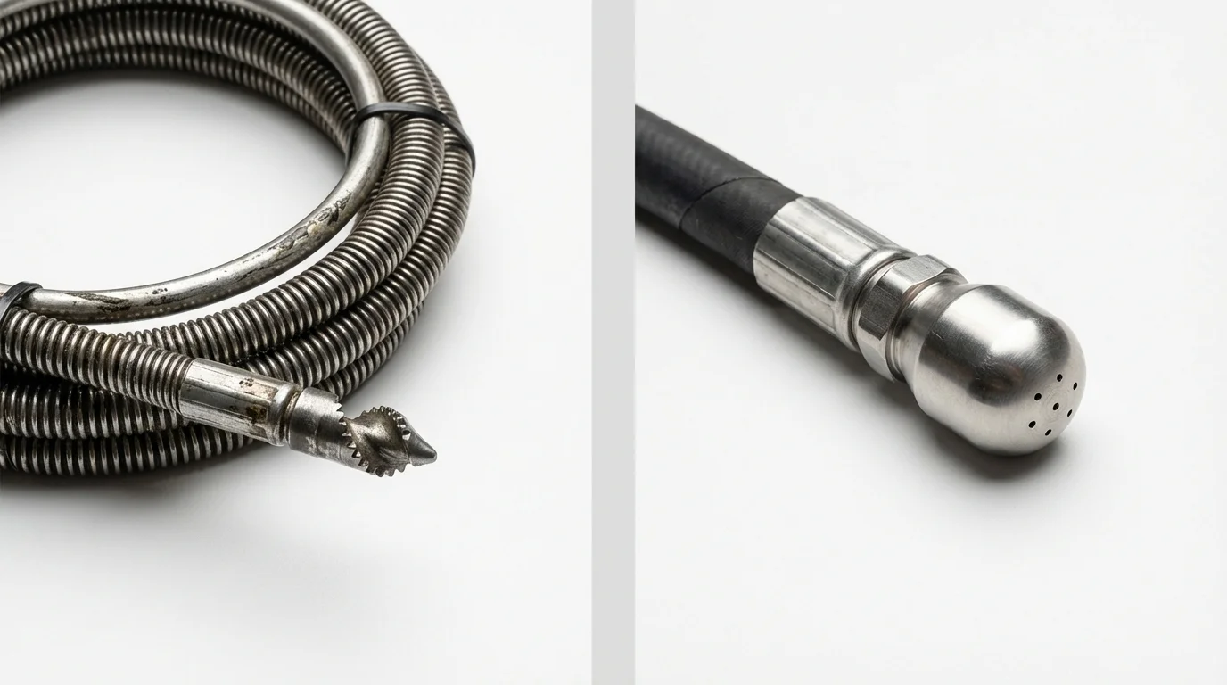 Drain snake cable and hydro jetting nozzle used for drain cleaning in Chanute, KS