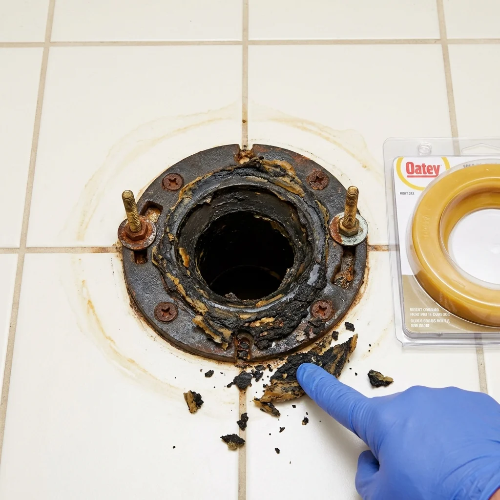 Failed wax ring showing water seepage at the base of a toilet in a Chanute, KS home