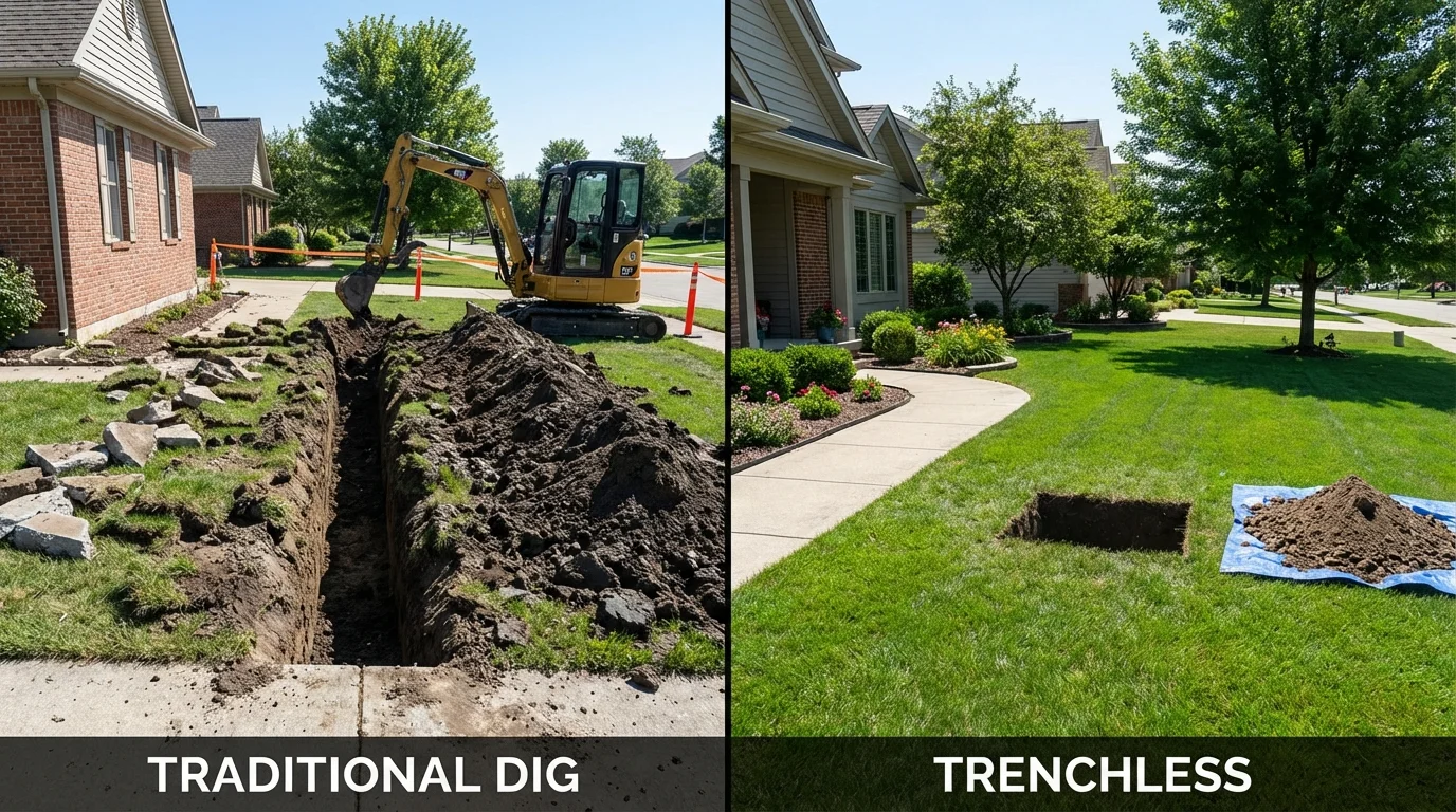 Trenchless sewer repair with minimal yard damage versus traditional excavation in Chanute, KS